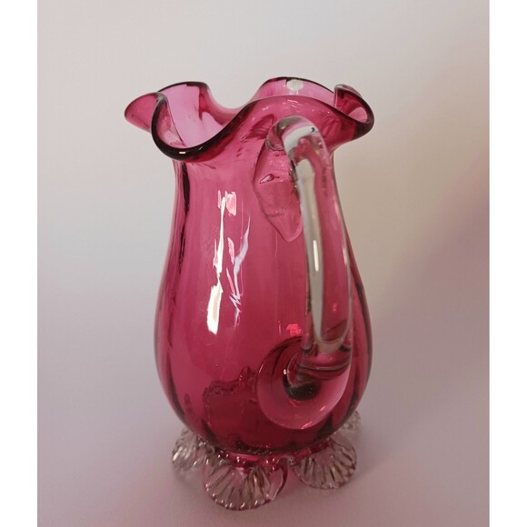Pilgrim Cranberry Clear Ruffle Footed Glass Creamer Pitcher 4 1/4” Tall Vintage - Picture 6 of 8